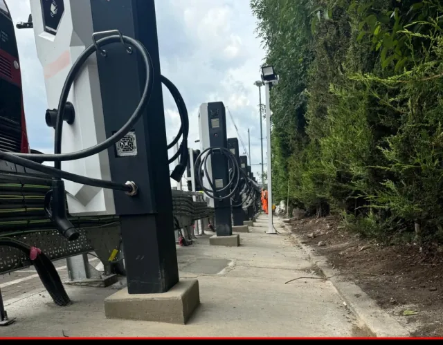 Row of EV chargers installed at Barking Bus Depot by Fortis Foundations